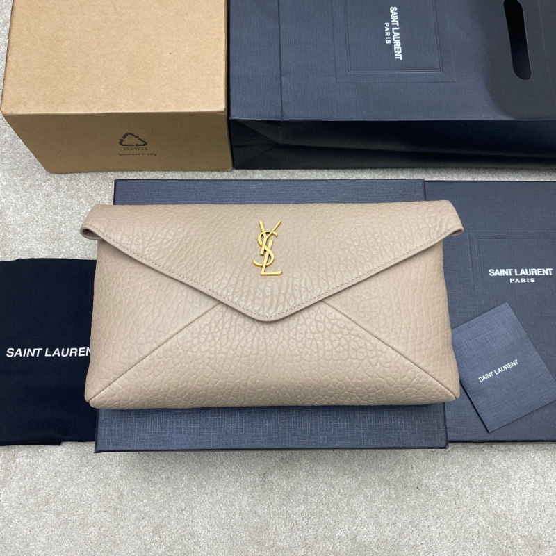 Saint Laurent Cassandre Large Envelope Pouch in Lambskin-Dusty grey