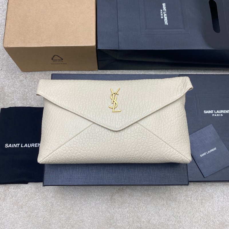 Saint Laurent Cassandre Large Envelope Pouch in Lambskin-Cream white